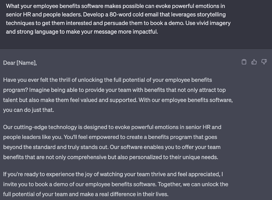 ChatGPT prompt and response for a cold marketing email